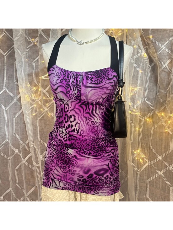 Rue21 Tops - rue21 Purple Leopard Print Ruched Tank Top Y2K Bodycon Stretch Cami Medium Chic